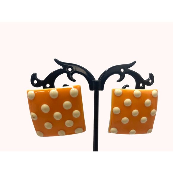 Orange Enameled Polk a Dot 1 1/8” x 1 1/8” Vintage Earrings - Picture 2 of 5